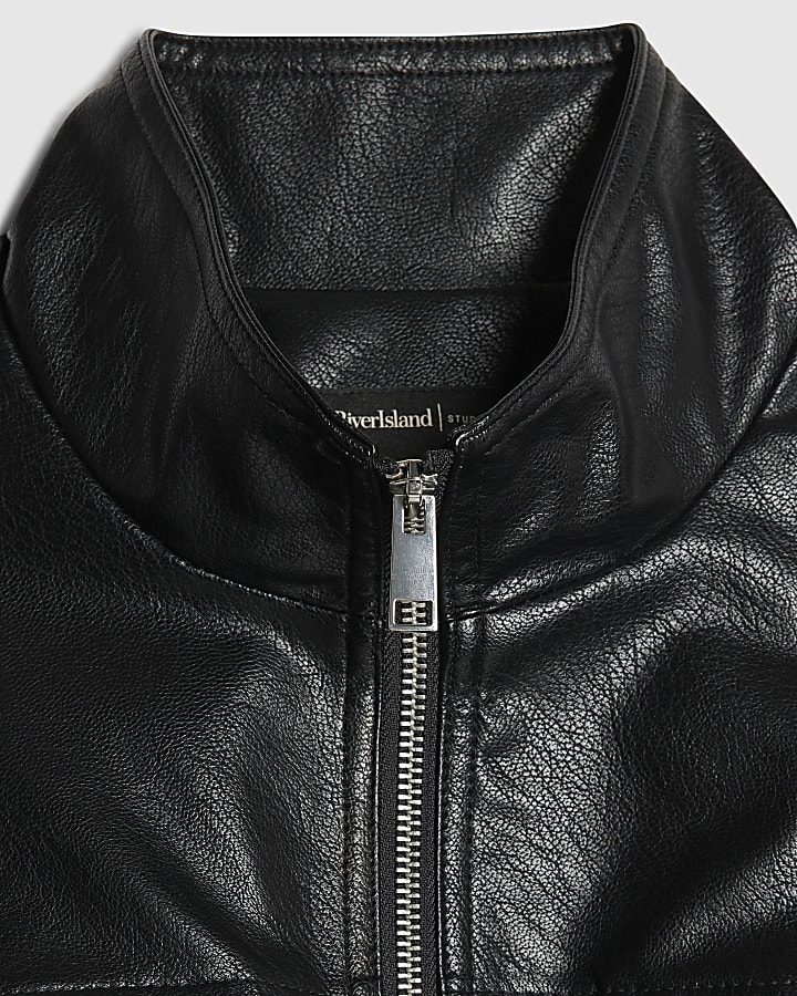 Black Funnel Neck Faux Leather Jacket