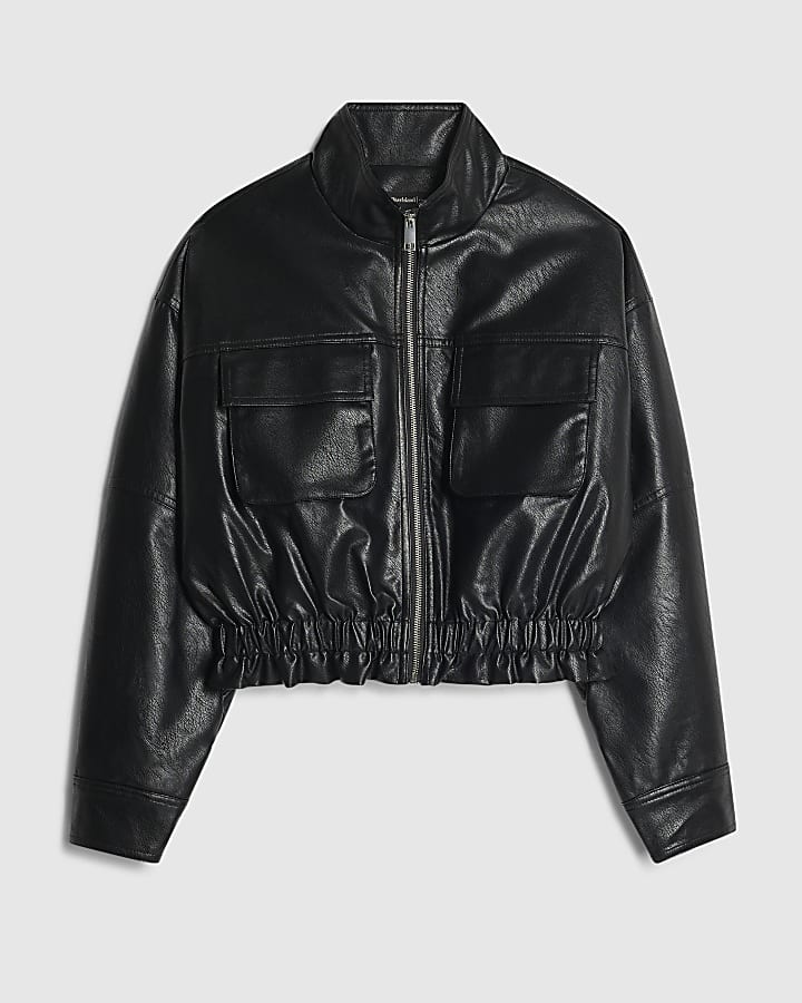 Black Funnel Neck Faux Leather Jacket