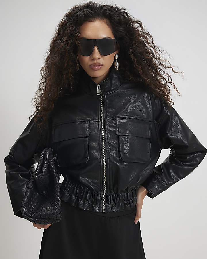 Black Funnel Neck Faux Leather Jacket