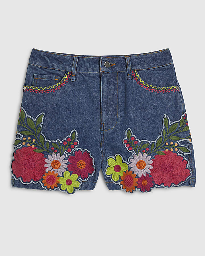 Blue Mid Rise Floral Denim Shorts