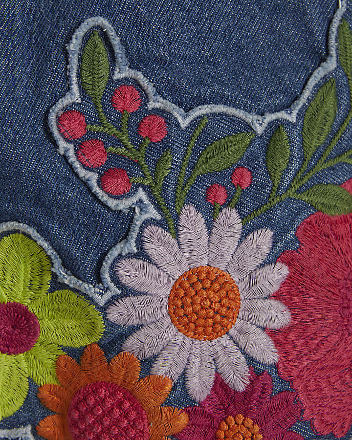 Blue Mid Rise Floral Denim Shorts