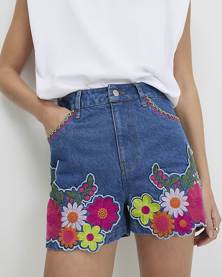 Blue Mid Rise Floral Denim Shorts