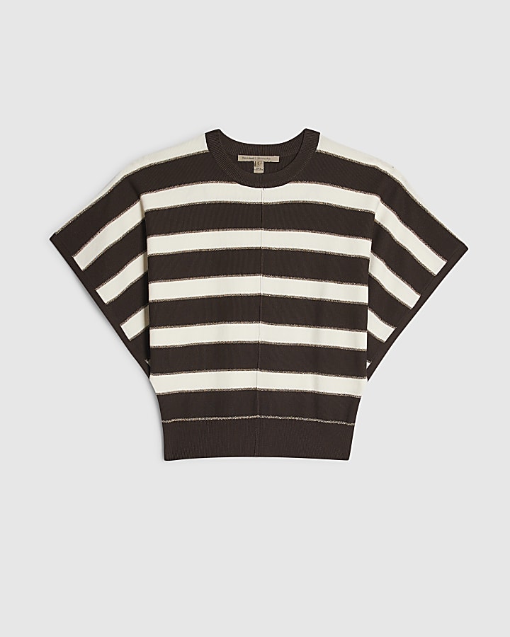 Cream Knitted Striped Short Sleeve T-Shirt