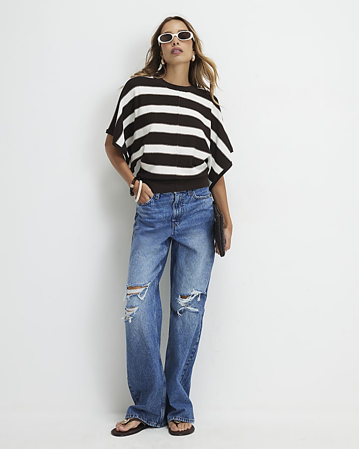 Cream Knitted Striped Short Sleeve T-Shirt
