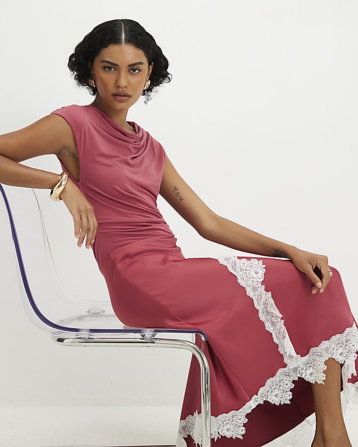 Pink Lace Hybrid Drape Maxi Dress