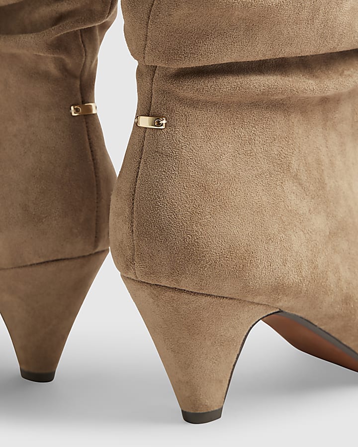 Beige Faux Suede Slouch Cone Heel Ankle Boots