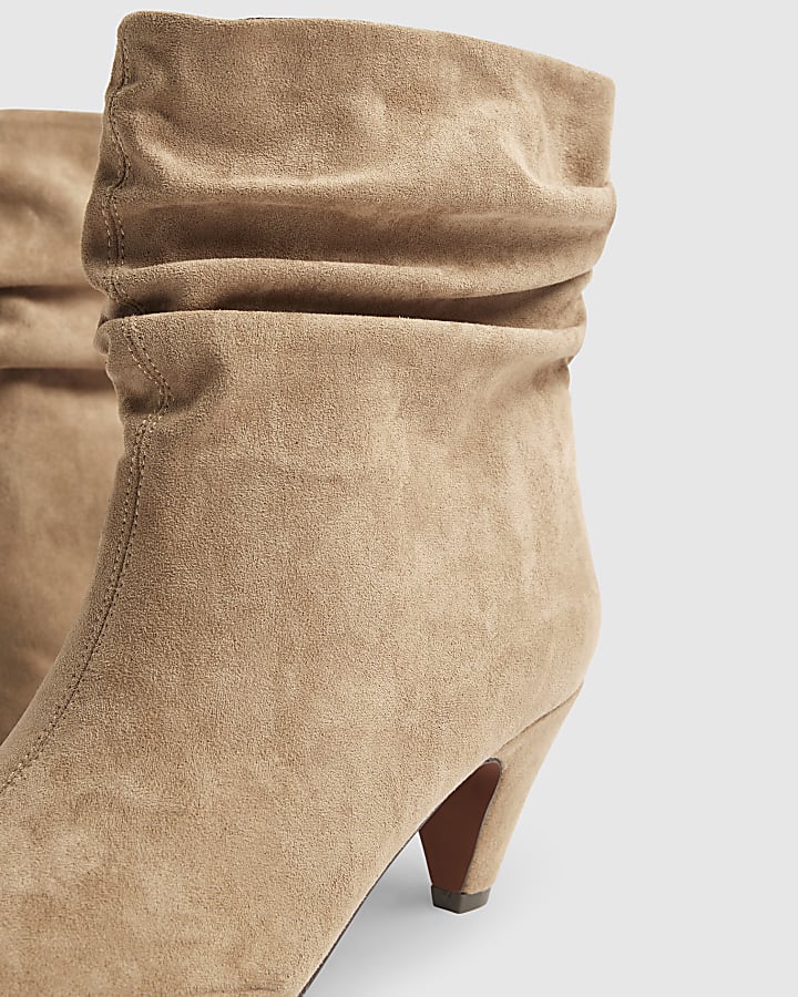 Beige Faux Suede Slouch Cone Heel Ankle Boots