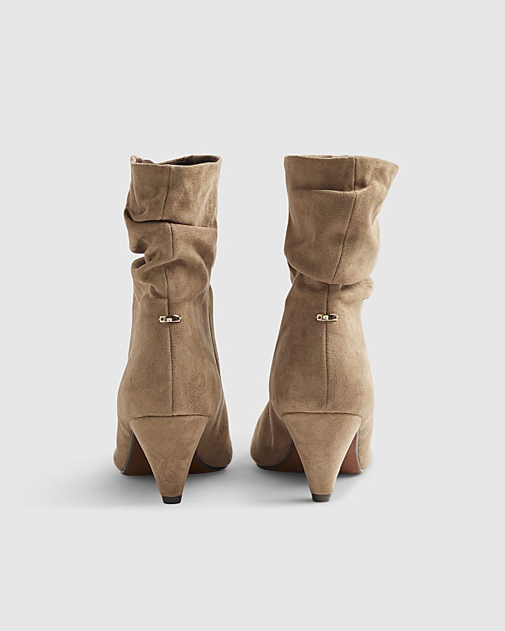 Beige Faux Suede Slouch Cone Heel Ankle Boots