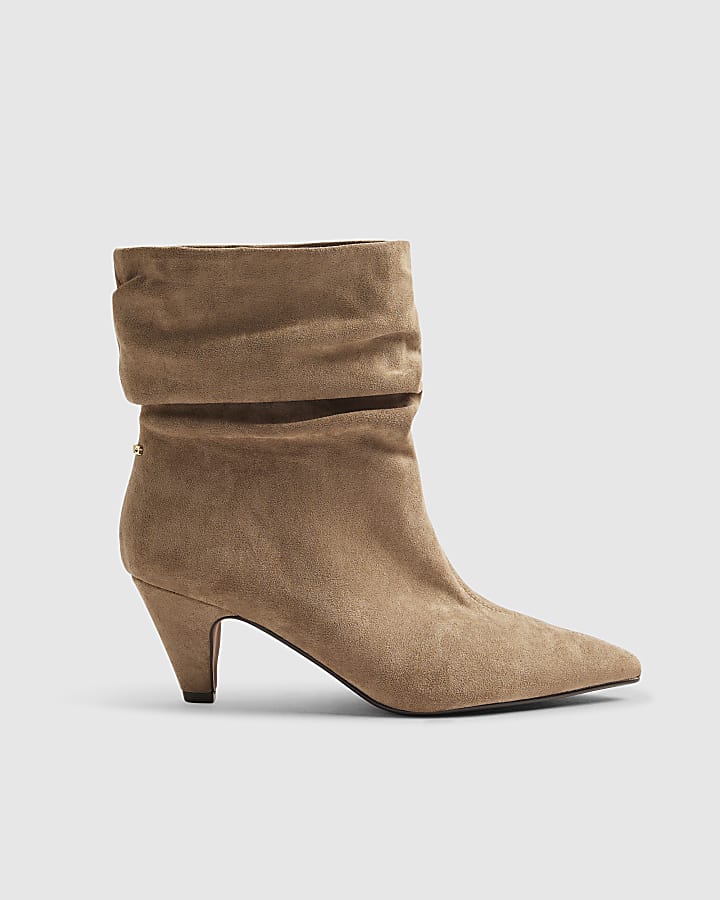 Beige Faux Suede Slouch Cone Heel Ankle Boots