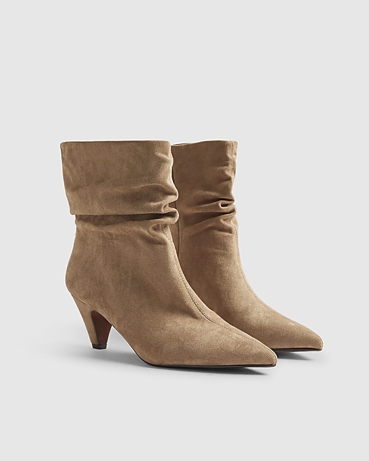 Beige Faux Suede Slouch Cone Heel Ankle Boots