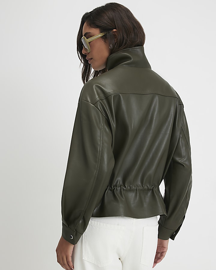 Khaki Faux Leather Drawstring Funnel Jacket