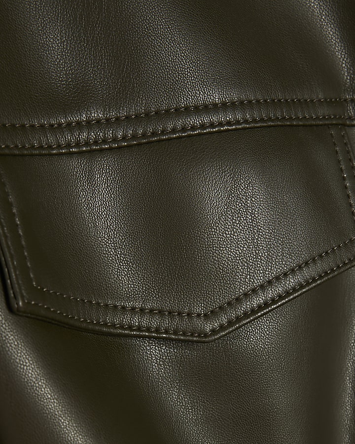 Khaki Faux Leather Drawstring Funnel Jacket