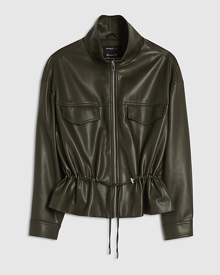 Khaki Faux Leather Drawstring Funnel Jacket