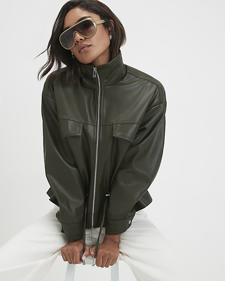 Khaki Faux Leather Drawstring Funnel Jacket