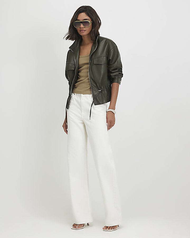 Khaki Faux Leather Drawstring Funnel Jacket