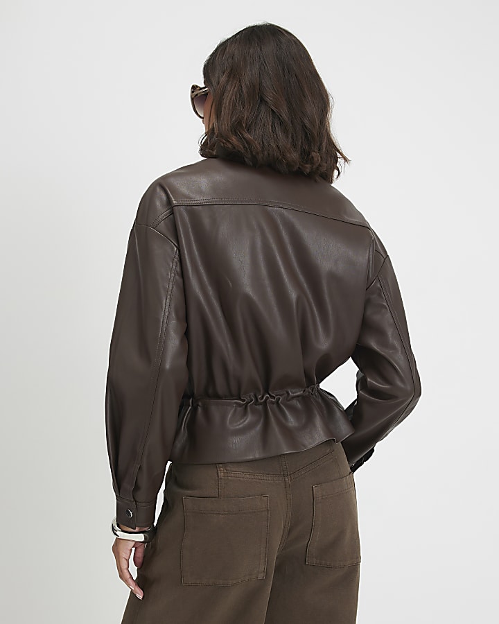 Brown Faux Leather Drawstring Funnel Jacket