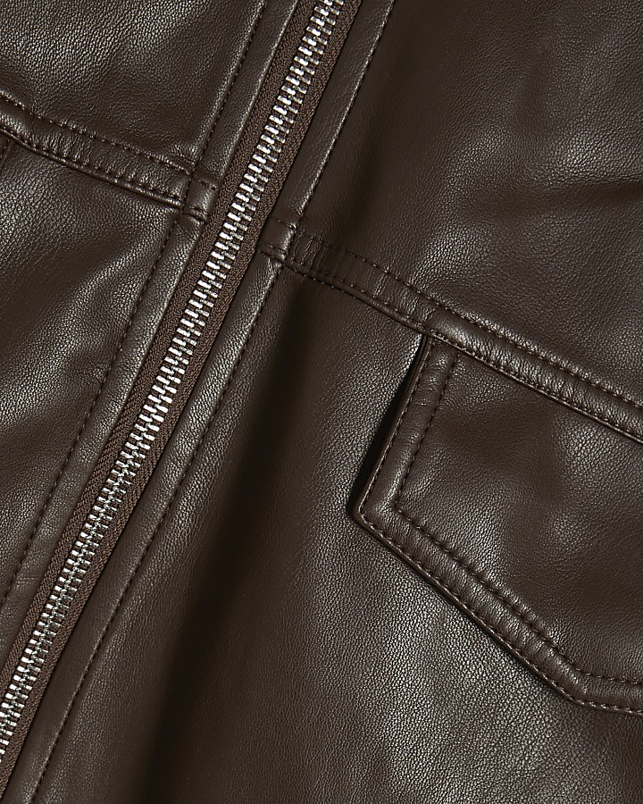 Brown Faux Leather Drawstring Funnel Jacket