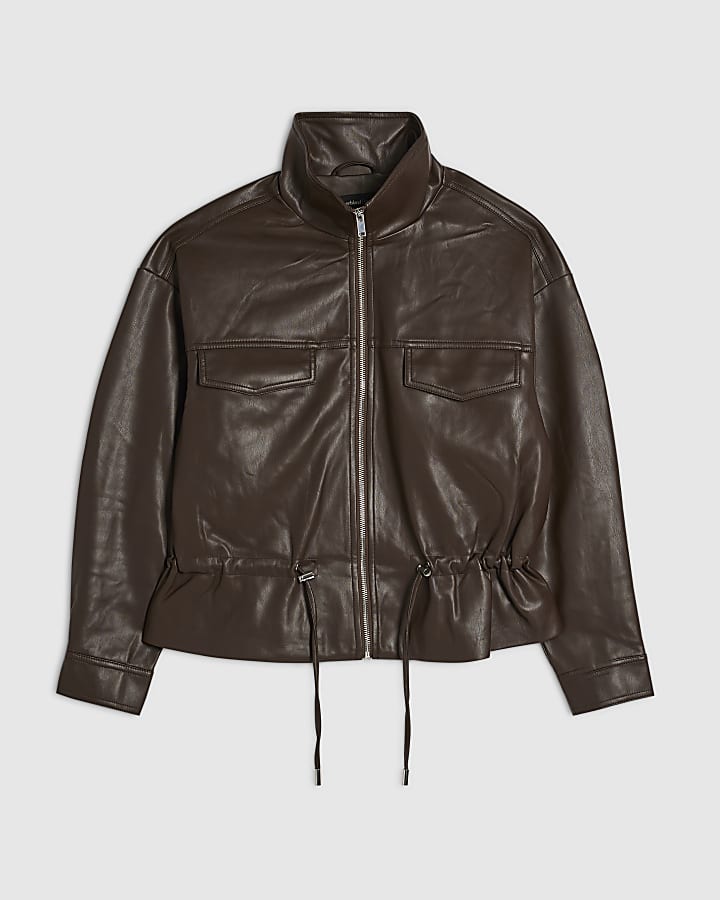 Brown Faux Leather Drawstring Funnel Jacket