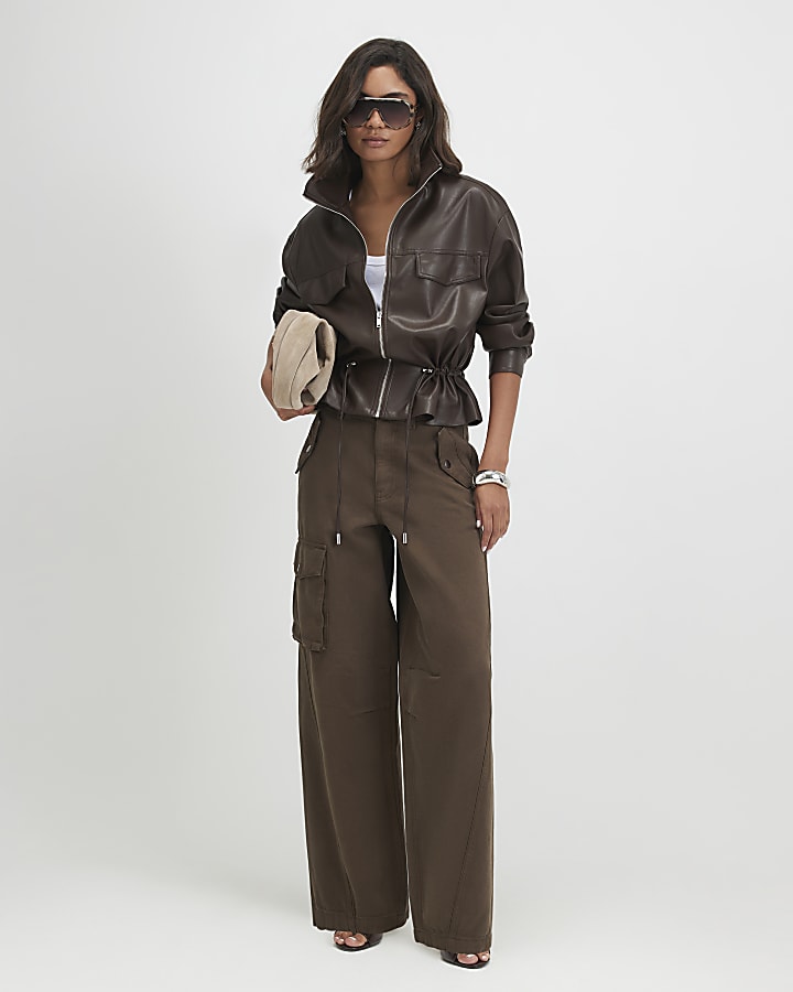 Brown Faux Leather Drawstring Funnel Jacket