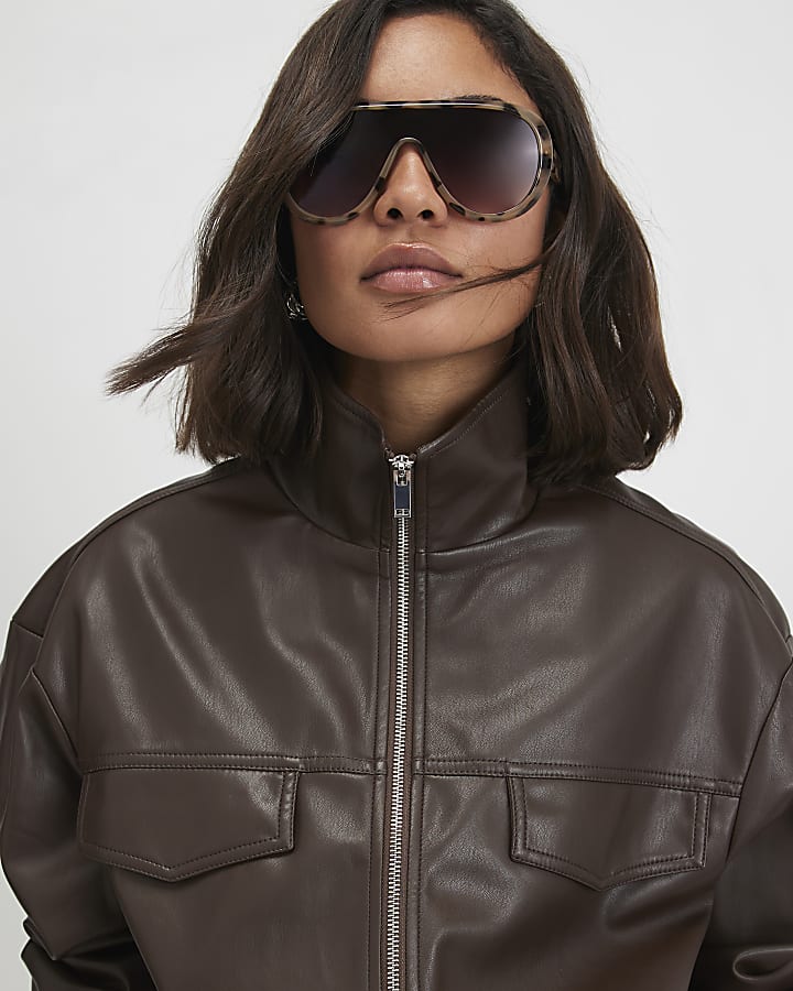 Brown Faux Leather Drawstring Funnel Jacket