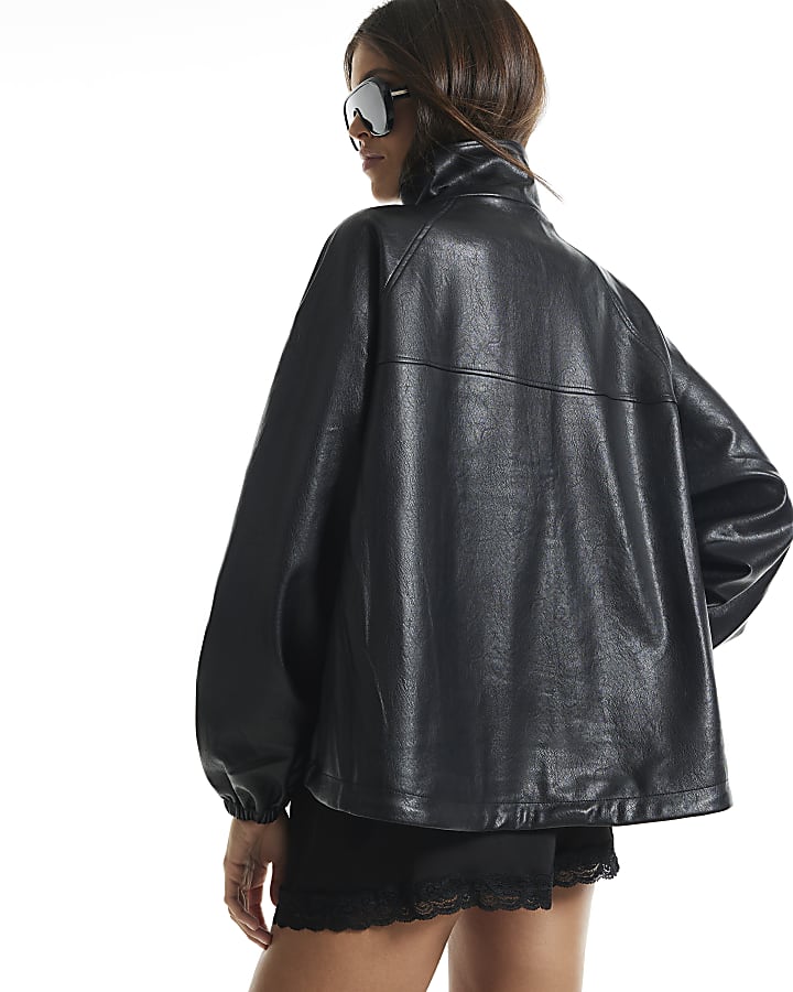 Black Oversized Faux Leather Funnel Jacket