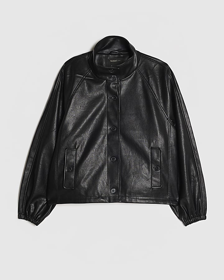 Black Oversized Faux Leather Funnel Jacket