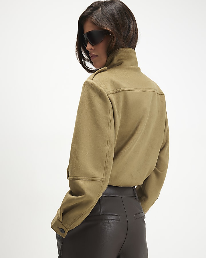 Green Faux Suede Funnel Neck Bomber Jacket