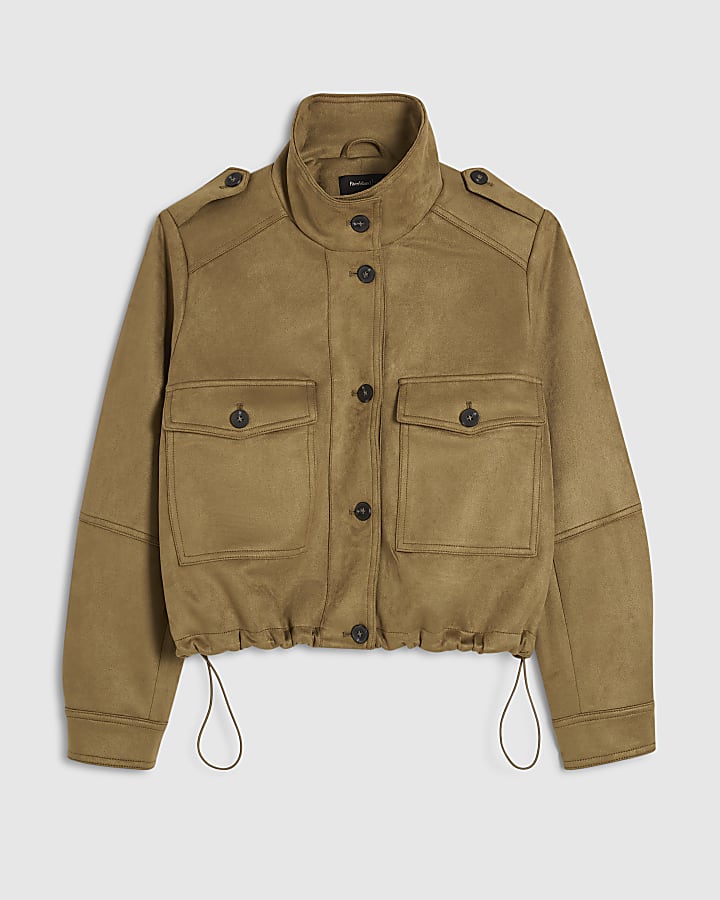 Green Faux Suede Funnel Neck Bomber Jacket