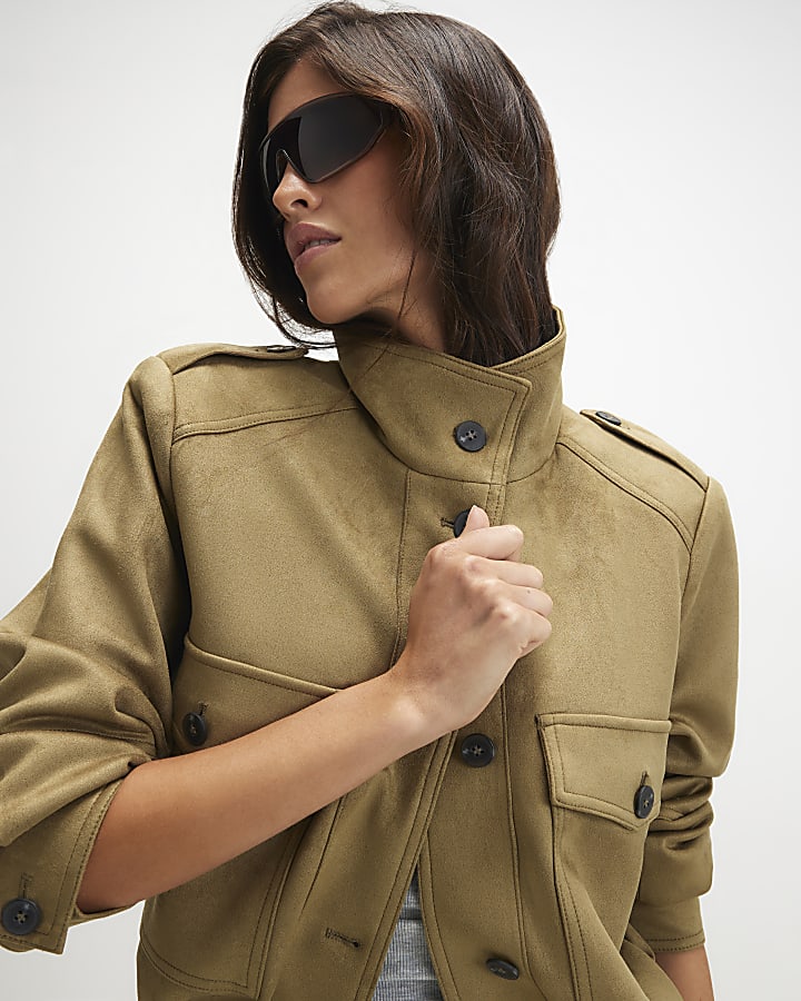 Green Faux Suede Funnel Neck Bomber Jacket