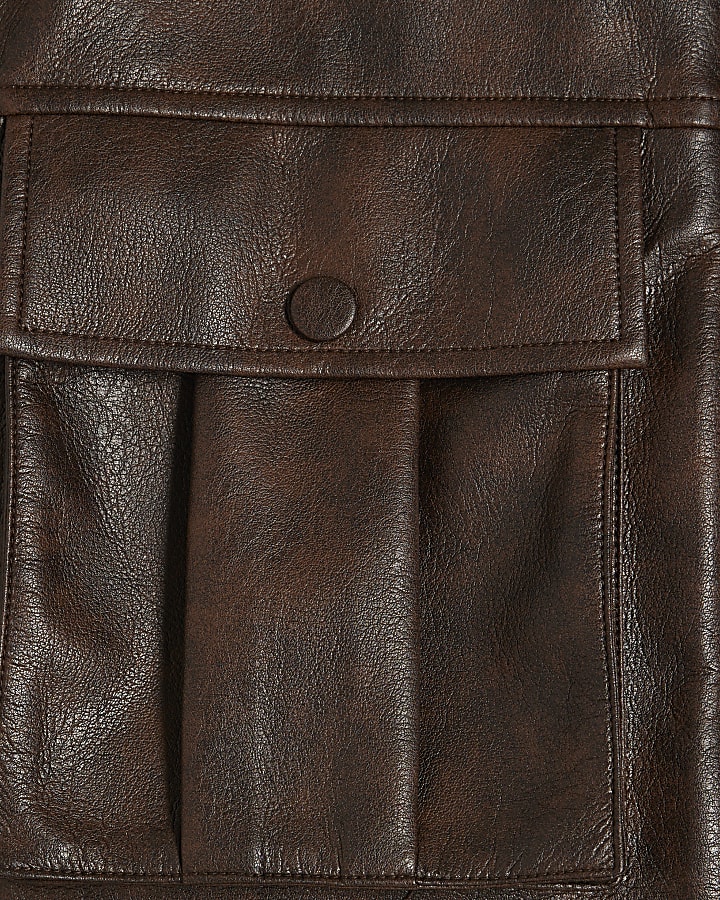 Brown Faux Leather Crop Harrington Jacket