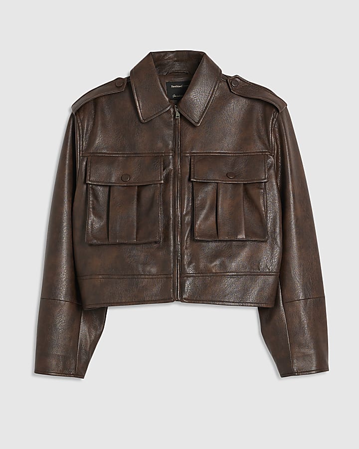 Brown Faux Leather Crop Harrington Jacket