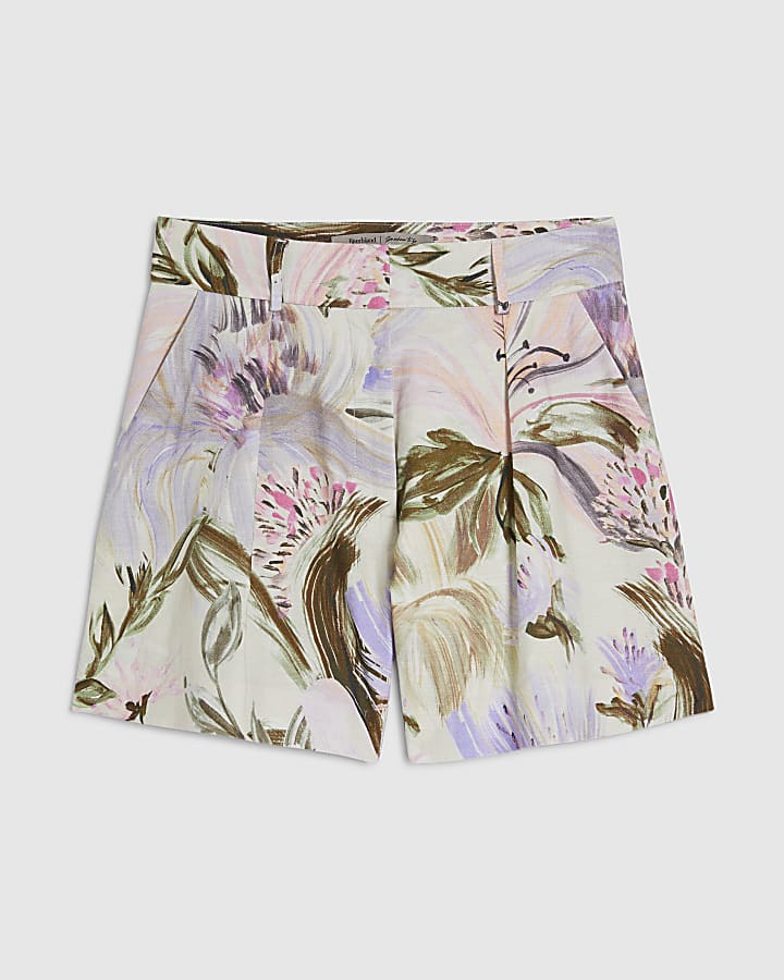 Pink Linen Blend Floral Shorts