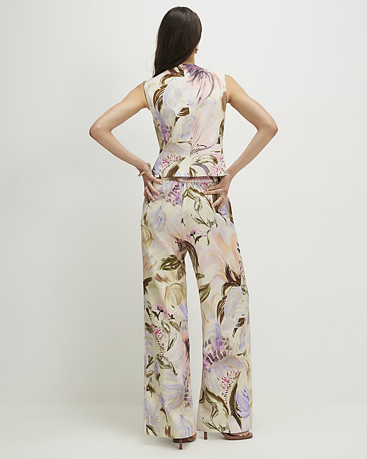 Pink Linen Blend Floral Wide Leg Trousers