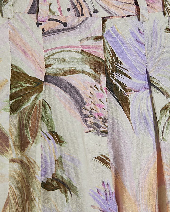 Pink Linen Blend Floral Wide Leg Trousers