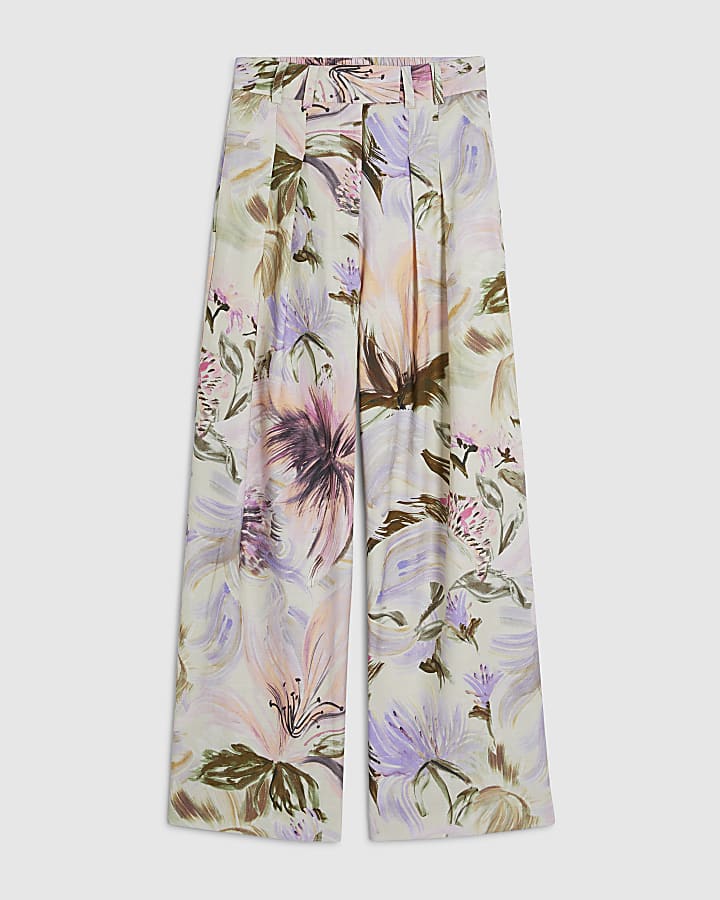 Pink Linen Blend Floral Wide Leg Trousers