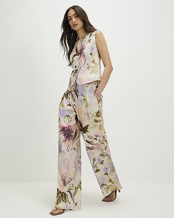 Pink Linen Blend Floral Wide Leg Trousers