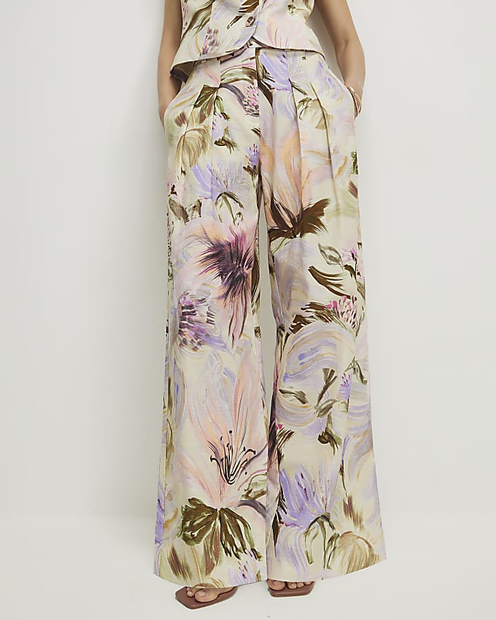 Pink Linen Blend Floral Wide Leg Trousers