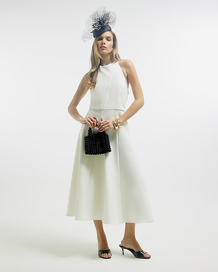 White Premium Bow Back Detail Midi Dress