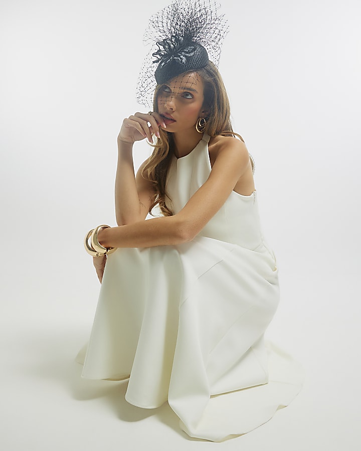 White Premium Bow Back Detail Midi Dress