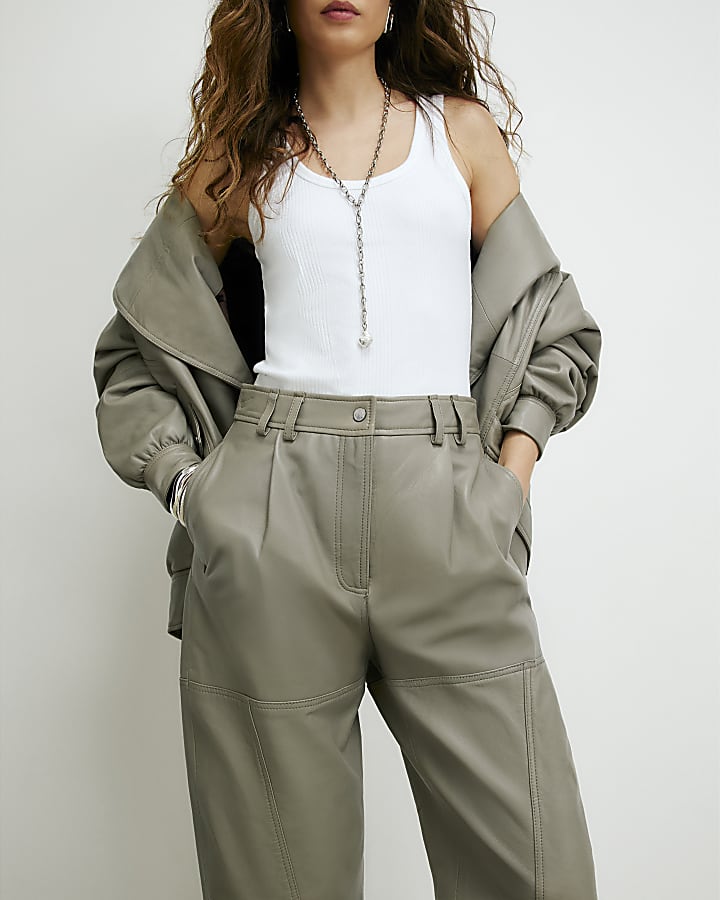Grey RI Studio Leather Barrel Leg Trousers