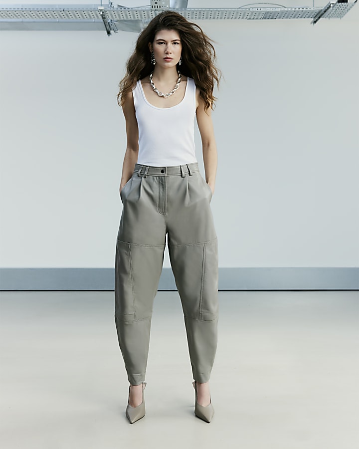 Grey RI Studio Leather Barrel Leg Trousers