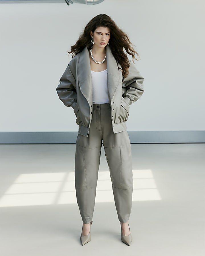 Grey RI Studio Leather Barrel Leg Trousers