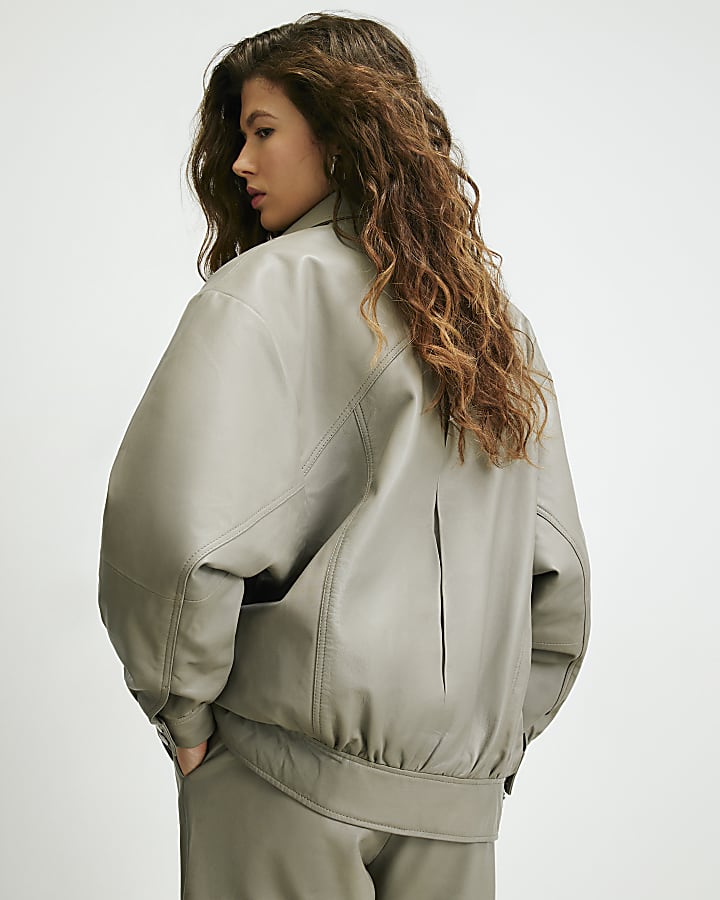 Grey RI Studio Leather Bomber Jacket