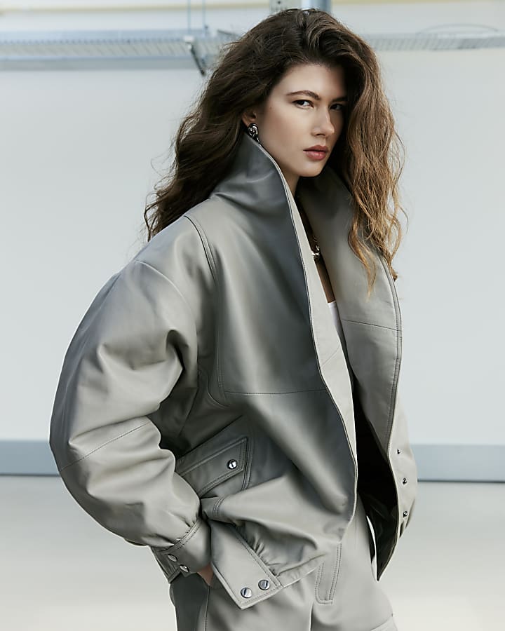 Grey RI Studio Leather Bomber Jacket