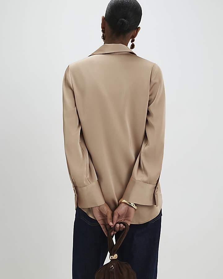 Beige Long Sleeve Wrap Blouse