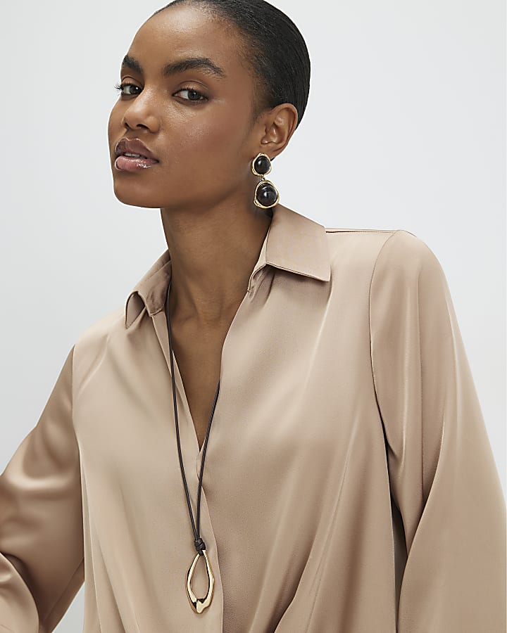 Beige Long Sleeve Wrap Blouse