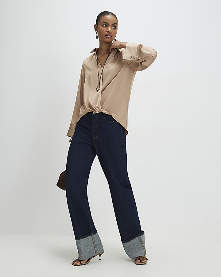 Beige Long Sleeve Wrap Blouse