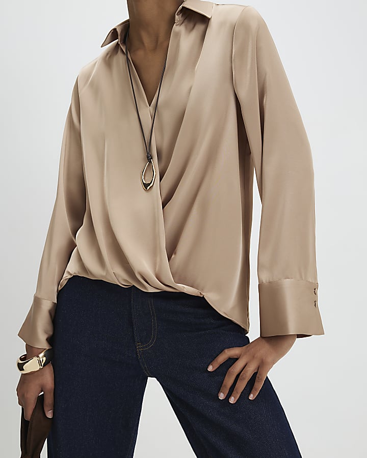 Beige Long Sleeve Wrap Blouse