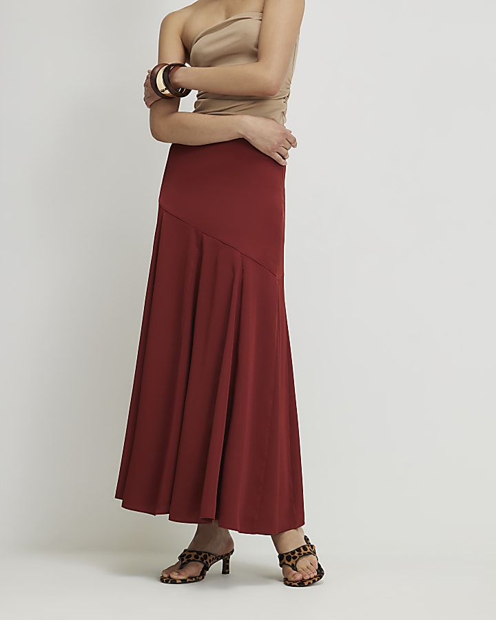 Red Seamed Maxi Skirt
