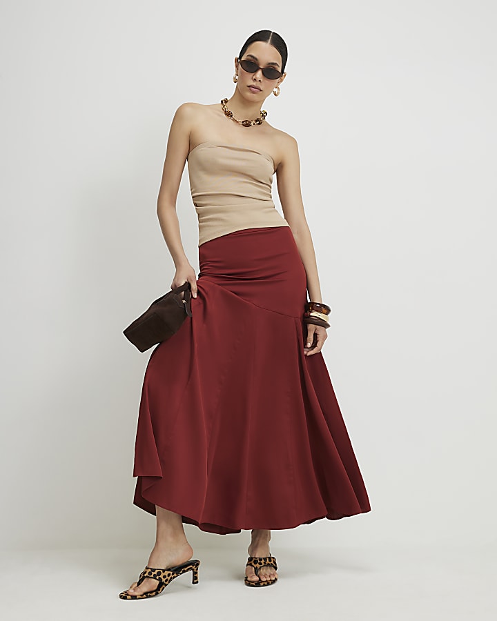 Red Seamed Maxi Skirt